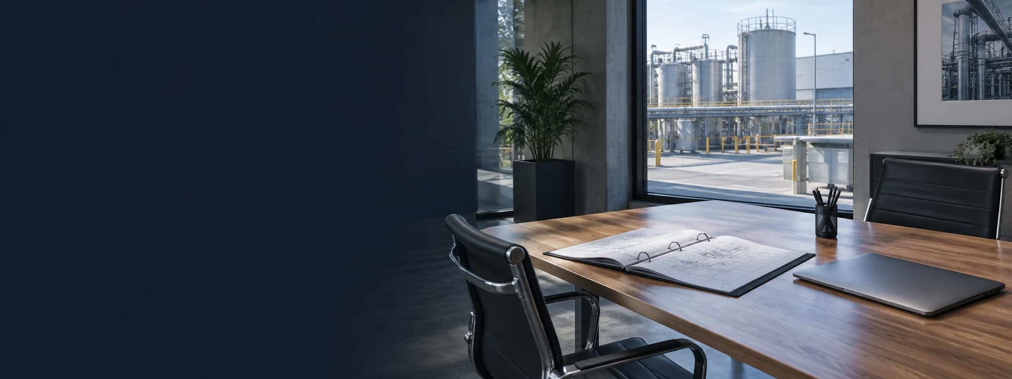 Illustrative industrial project consultation space with technical documentation