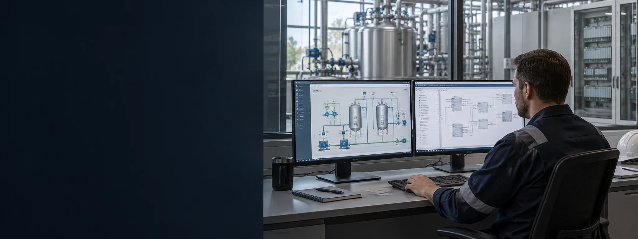 Illustration: Prozessleittechnik-Arbeitsplatz mit Bedienbildern und Funktionsbausteinen