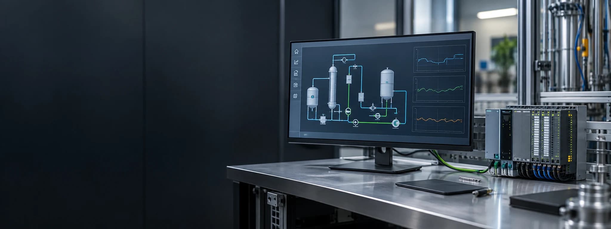 Illustration: Moderner Prozesssimulations-Arbeitsplatz mit Steuerungsprüfstand