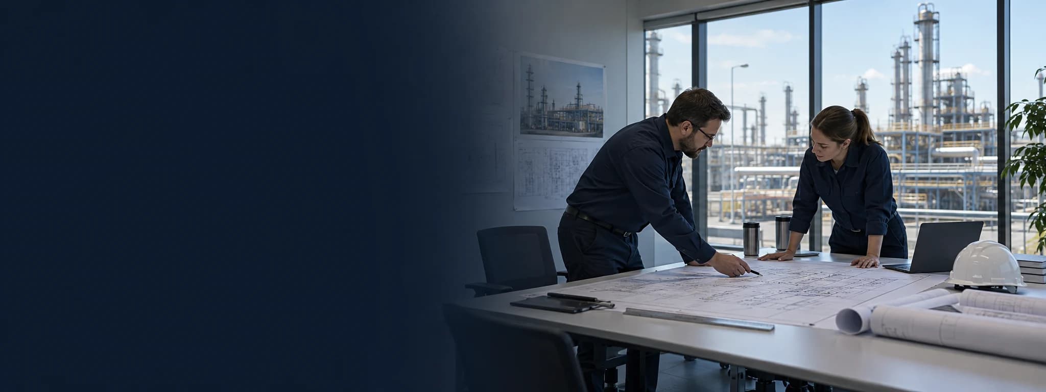 Illustrative engineers reviewing project drawings overlooking a process plant
