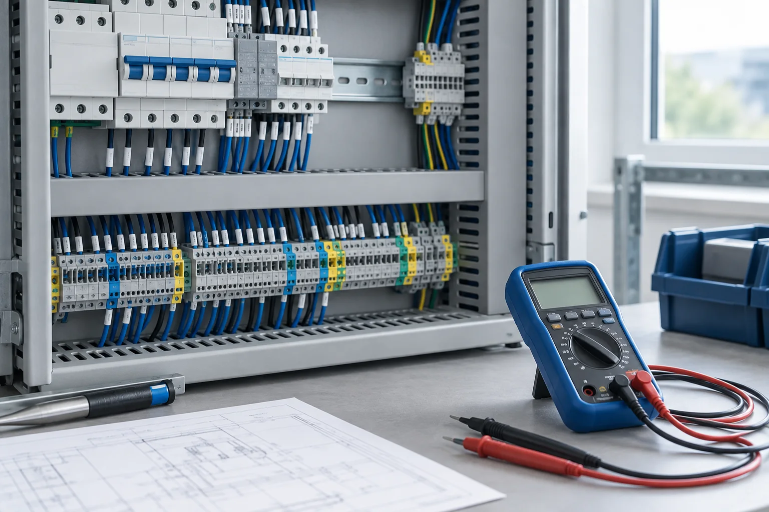 Illustrative control panel and electrical test equipment