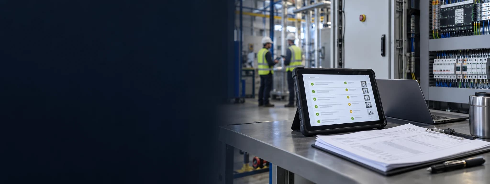 Illustrative digital acceptance-test checklist and evidence records beside a control cabinet