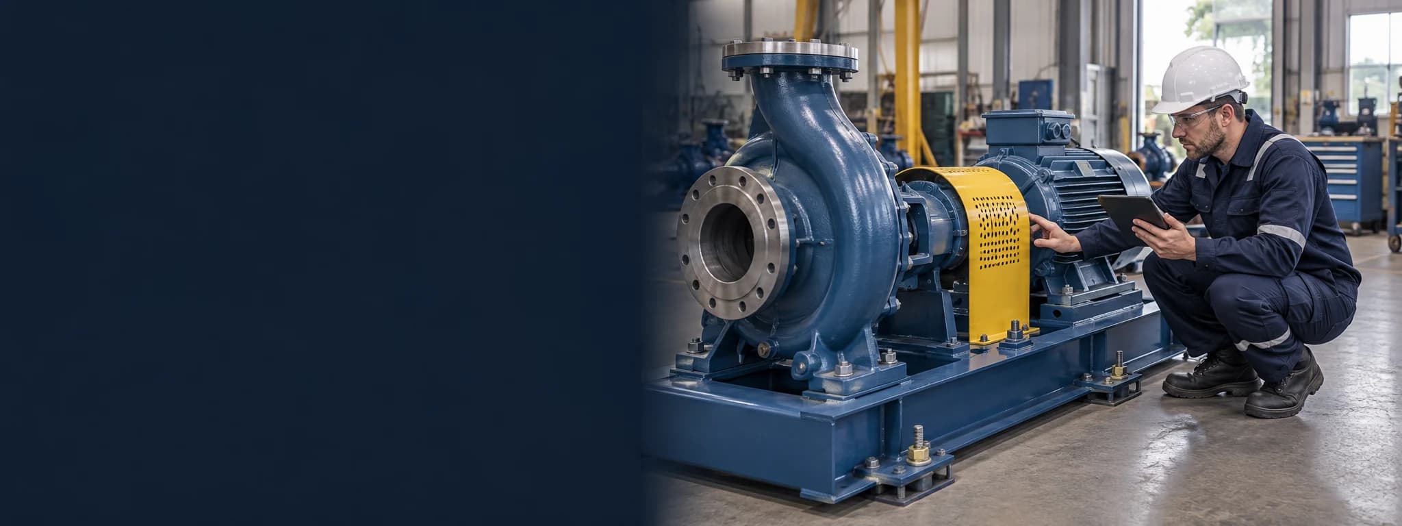 Illustrative inspector documenting the condition of an industrial pump and motor skid