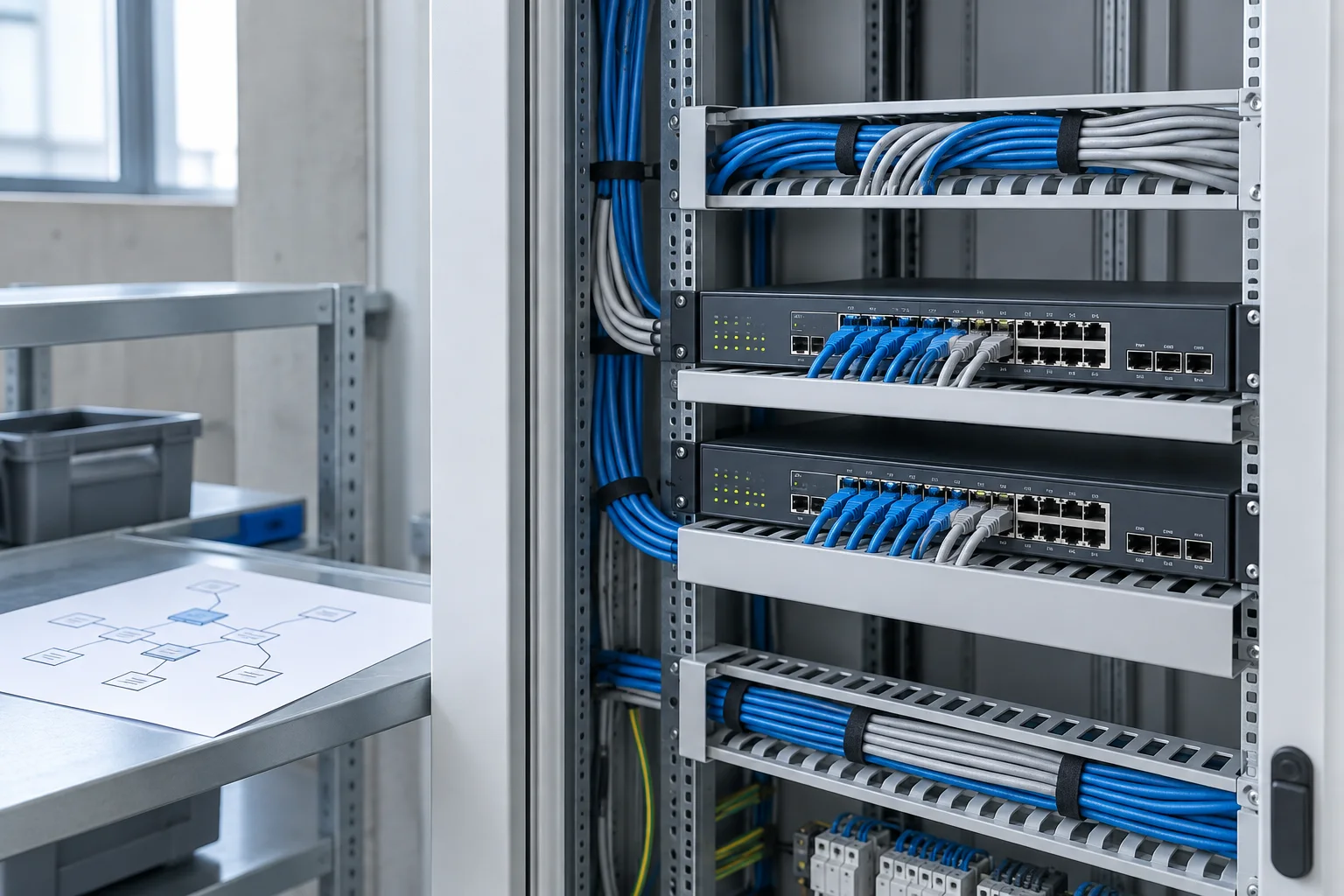 Illustrative network cabinet and topology drawing