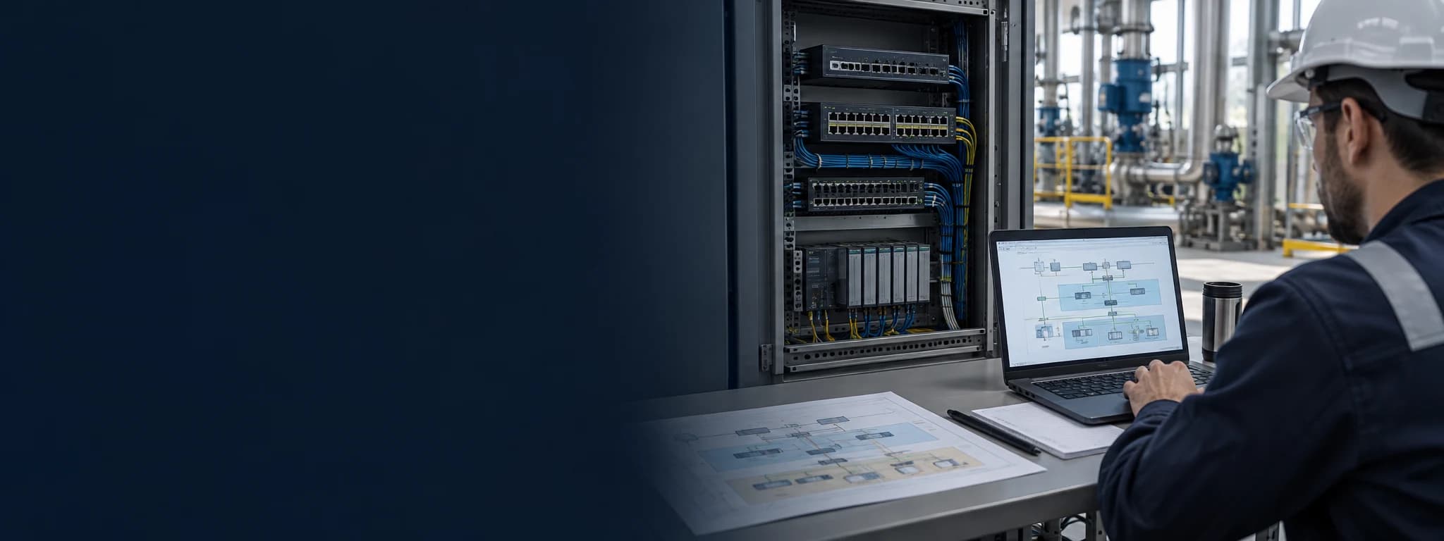 Illustrative oT network assessment with architecture drawings and an industrial network cabinet