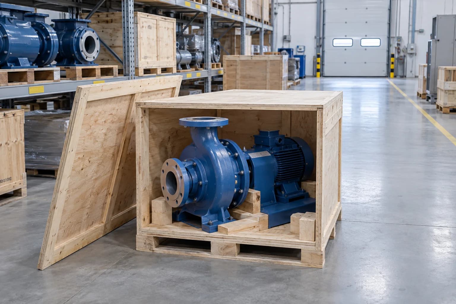 Illustrative industrial pump prepared for dispatch
